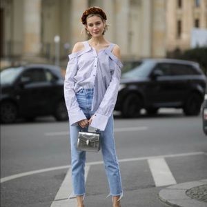 Storets striped off shoulder button down top S | M